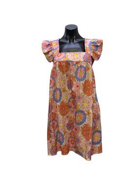 Tuckernuck Linen Blend Floral Dress Pink Multi Square Neck M